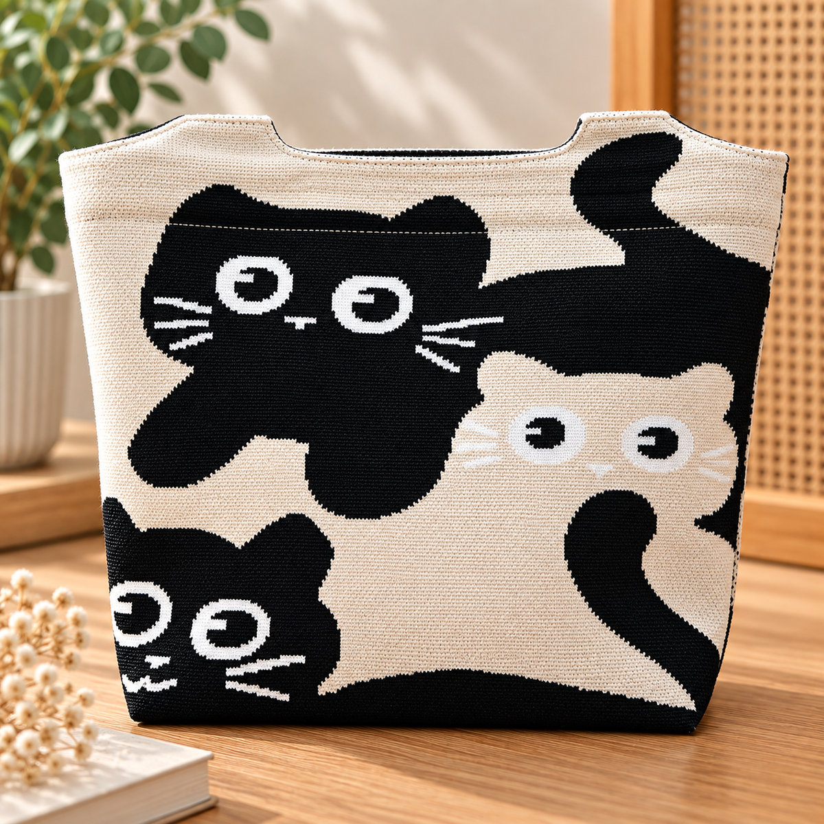 Bolso shopper de gatos en tejido de punto