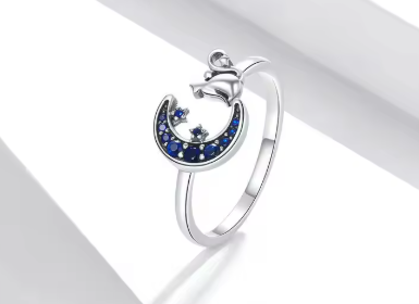 Anillo de Plata de Ley con gatito y luna de circonitas azules