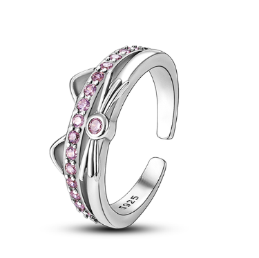 Anillo de Plata de Ley y Circonitas rosas con orejas y bigote de gatete