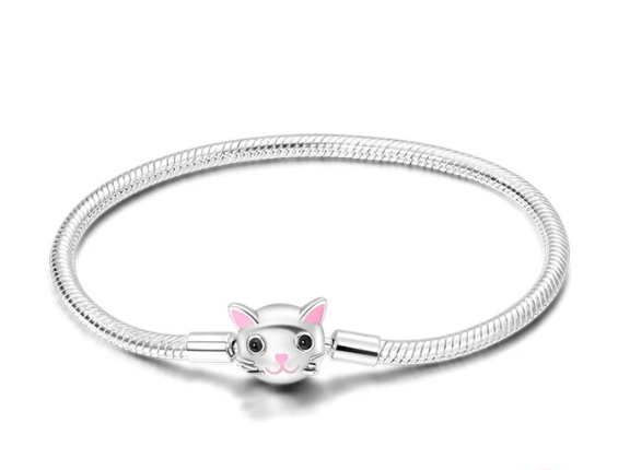 Pulsera de Plata de Ley tipo pandora con cierre en forma de cabeza de gatete con orejas y nariz rosa