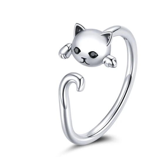 Anillo de Plata de Ley con cabeza de gatito ojos negros