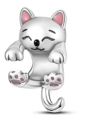 Charm de Plata de Ley de gato con orejitas y huellas rosas