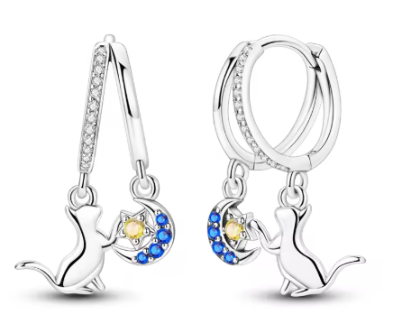 Pendientes de Plata de Ley doble aro, gatito y luna con estrella