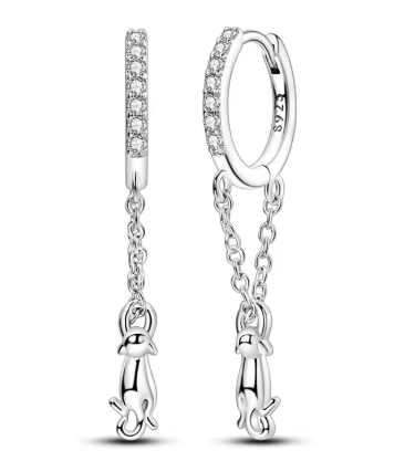 Pendientes de Plata de Ley aro con circonitas colgando un gatito