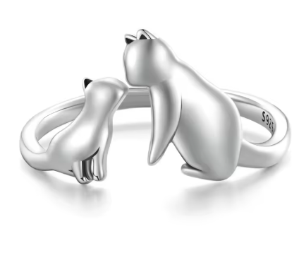 Anillo Plata de Ley con gato y gatito ajustable