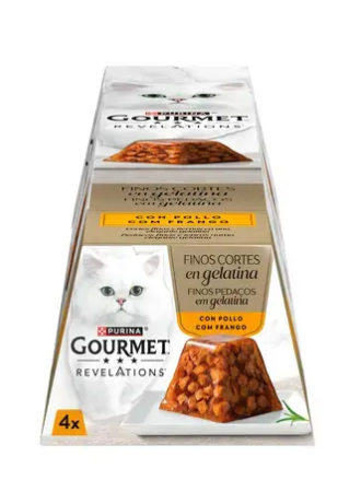 PURINA GOURMET REVELATIONS Mousse con Finos Cortes con Pollo en Gelatina (4X57 gr)