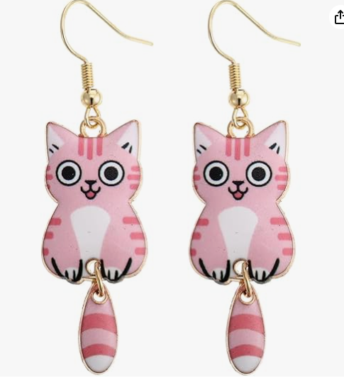 Pendiente largo con forma de gatito rosa y blanco