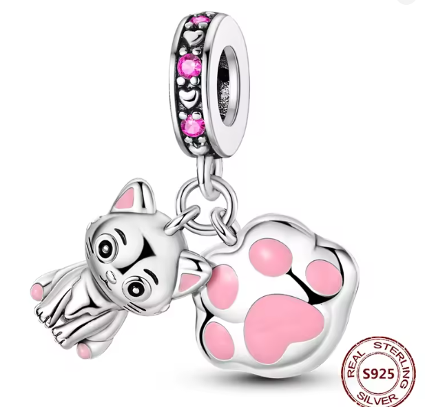 Charm en – Plata de Ley 925 gato con huella rosa
