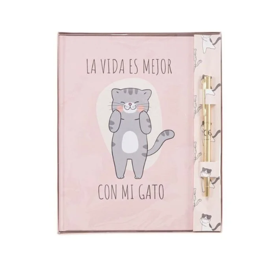 Libreta “La Vida es Mejor con Mi Gato” + Bolígrafo Dorado