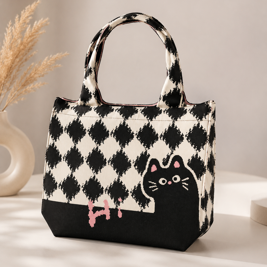Bolso Tote Gato Cuadros Blanco y Negro