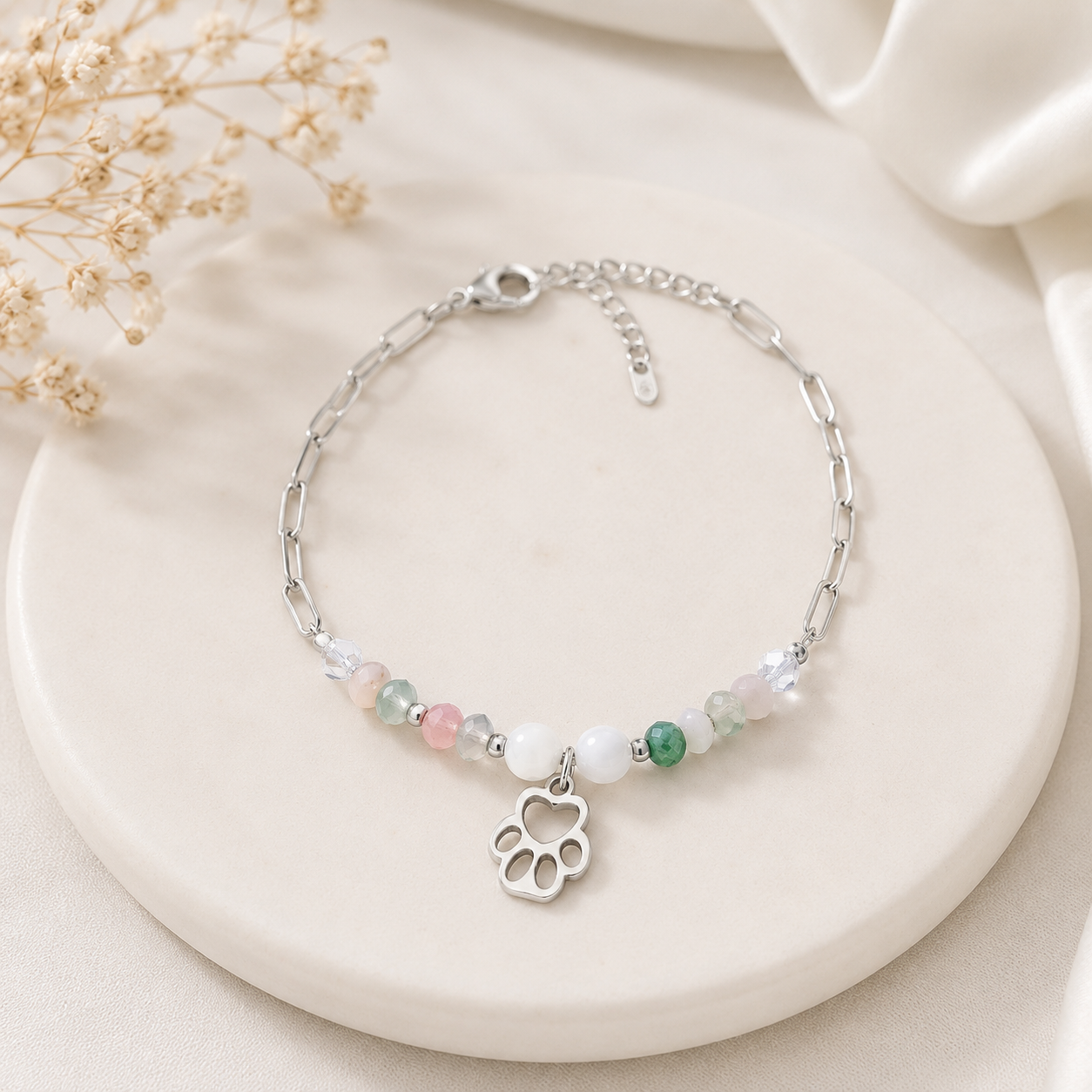 Pulsera Acero inoxidable Plateada con Huella y Cuentas de Cristal Ajustable
