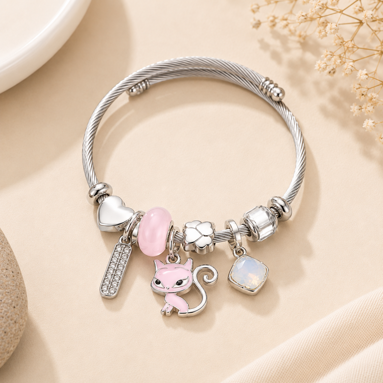 Pulsera de Acero Inoxidable con Charms Gatito Rosa