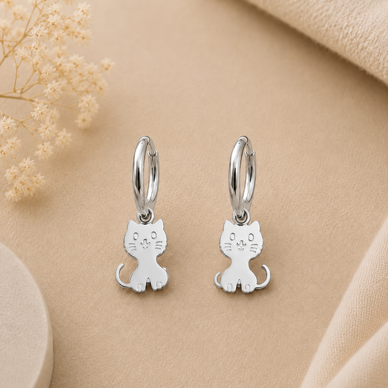 Pendientes de Acero Inoxidable Aro Gatito Plateado