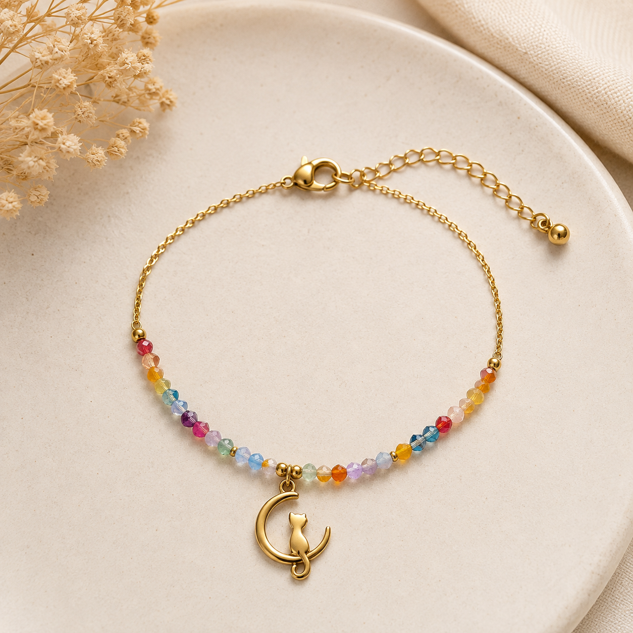 Pulsera Acero Inoxidable Luna y Gato con Cuentas de colores