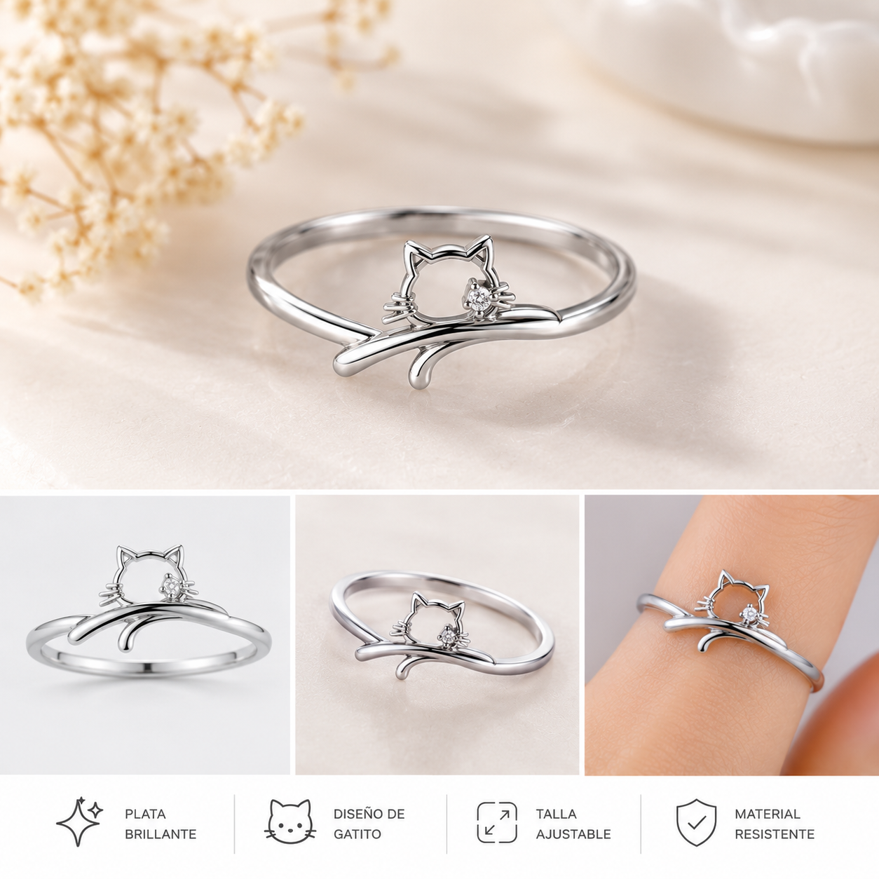 Anillo Plata de Ley Gatito con Circonita