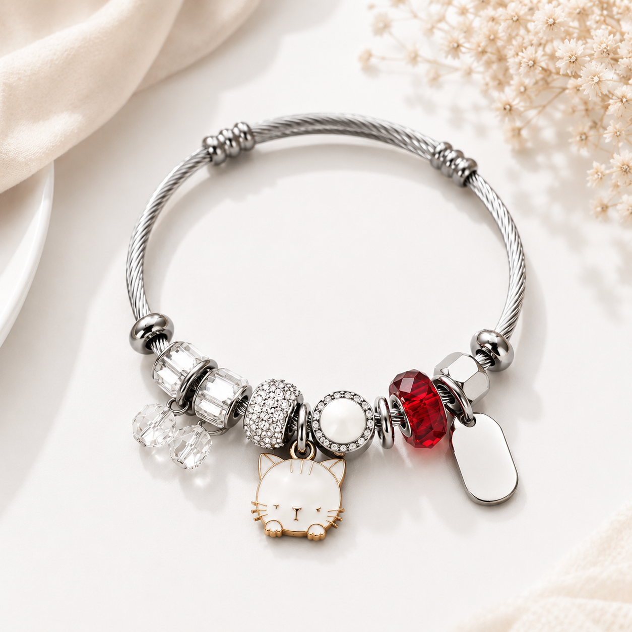 Pulsera de Acero Inoxidable con Charms Gatito