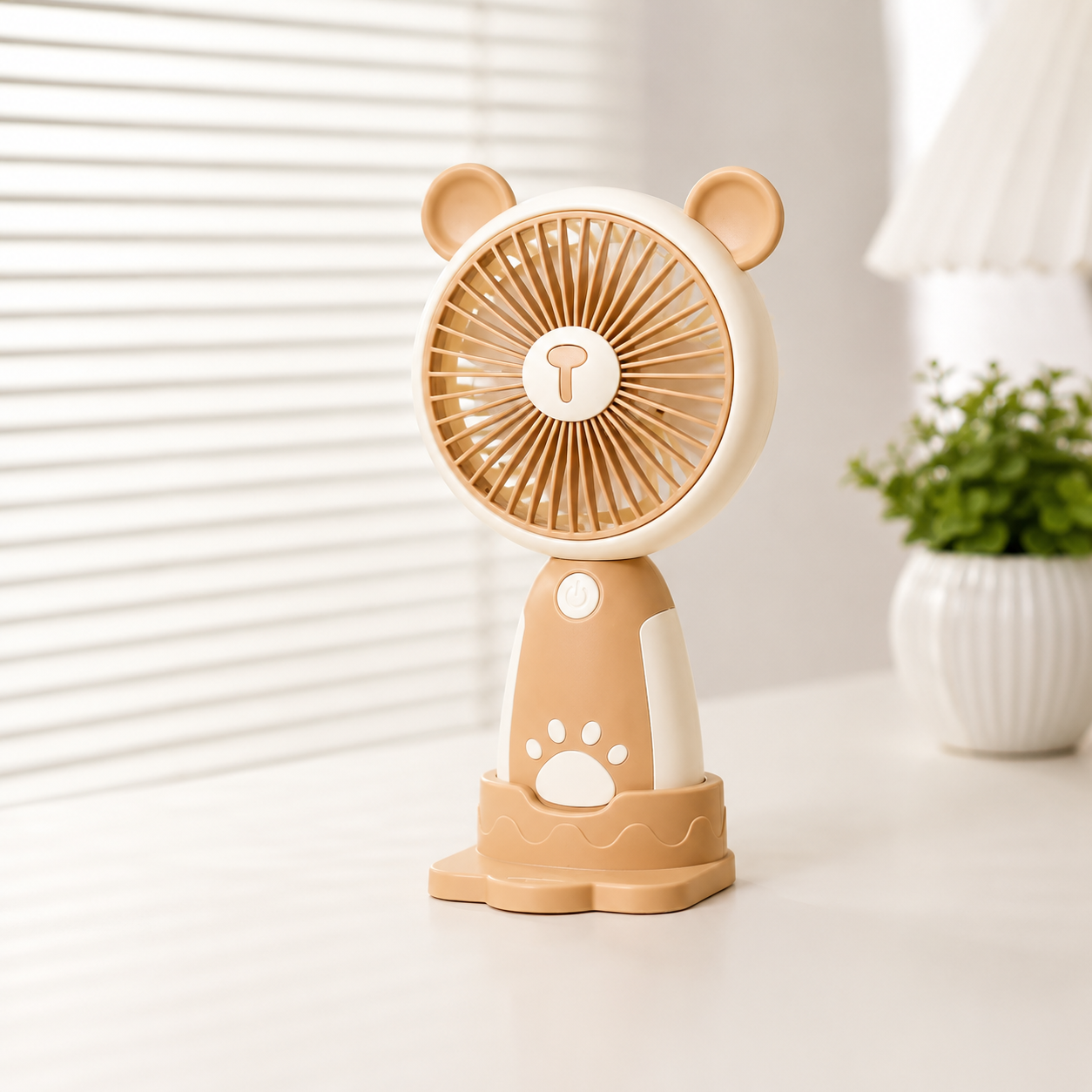 Ventilador USB de Sobremesa con Soporte para Móvil. Beige