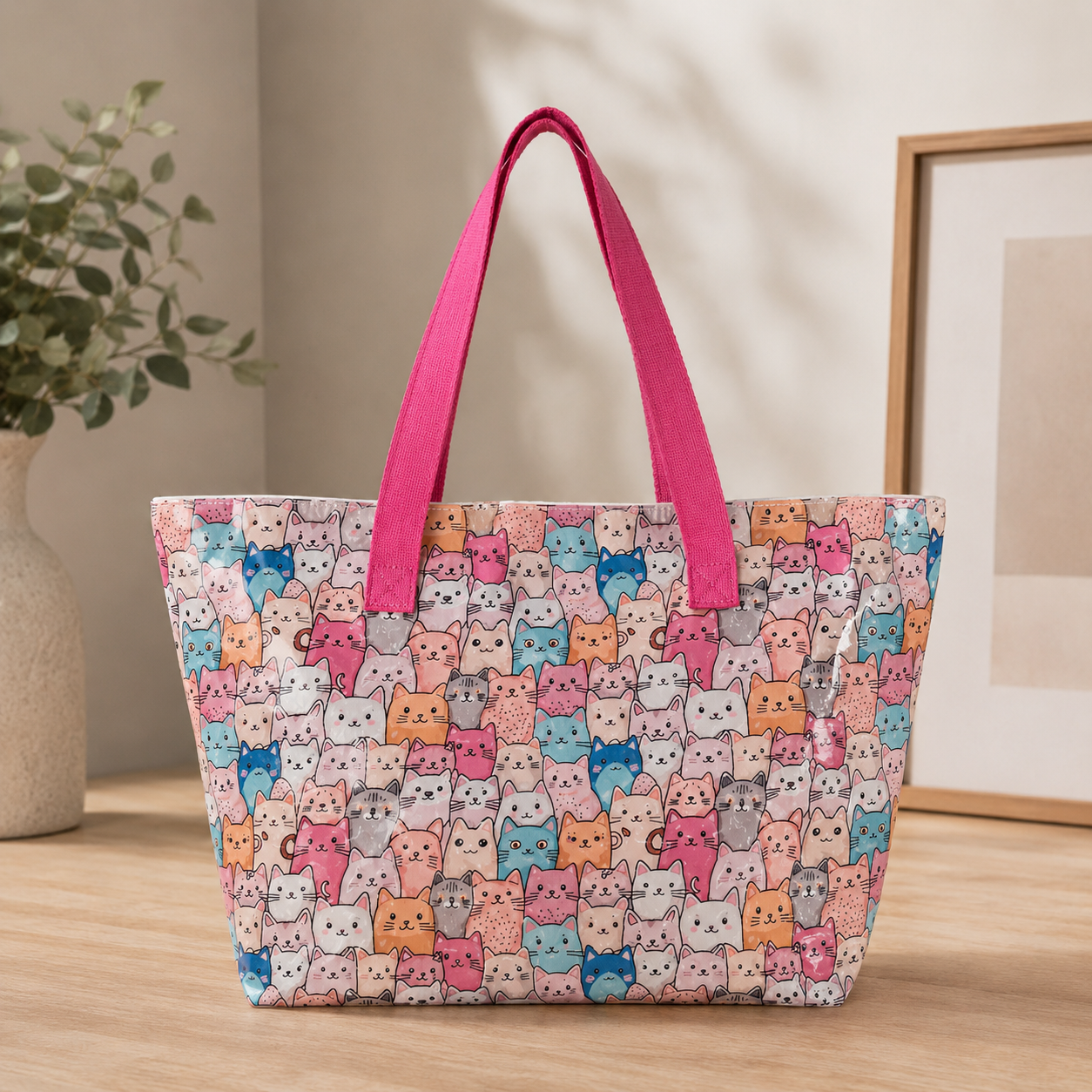 Bolsa de Playa Plastificada Gatos Asas color Fucsia.