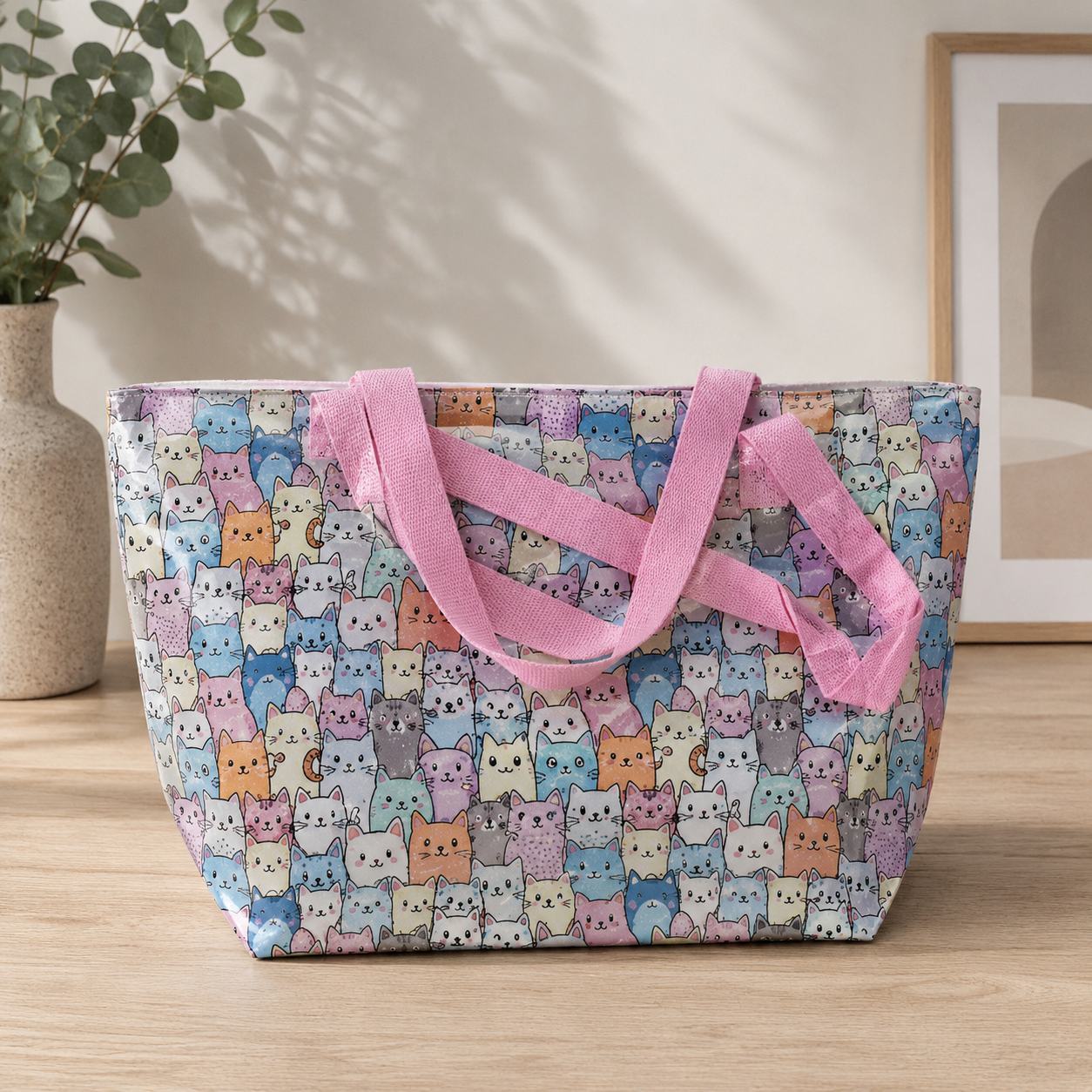Bolsa de Playa Plastificada Gatos Asas color Rosa suave.