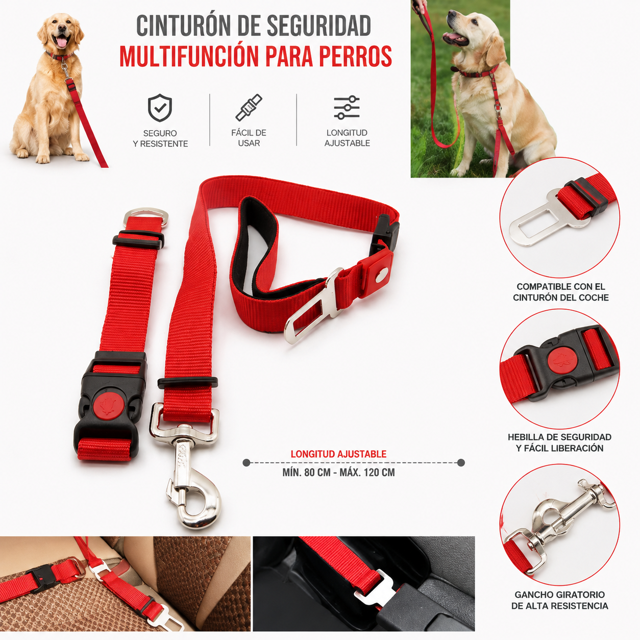 Correa Multifunción para Perros con Cinturón de Seguridad para Coche. Rojo
