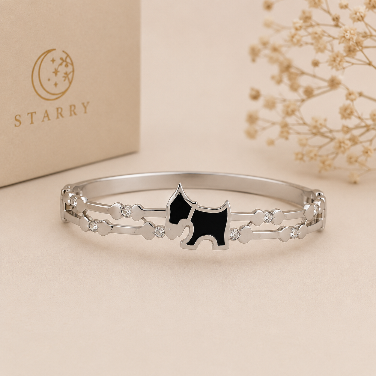 Pulsera De Acero Inoxidable Con Perro Y Circonitas Plateada