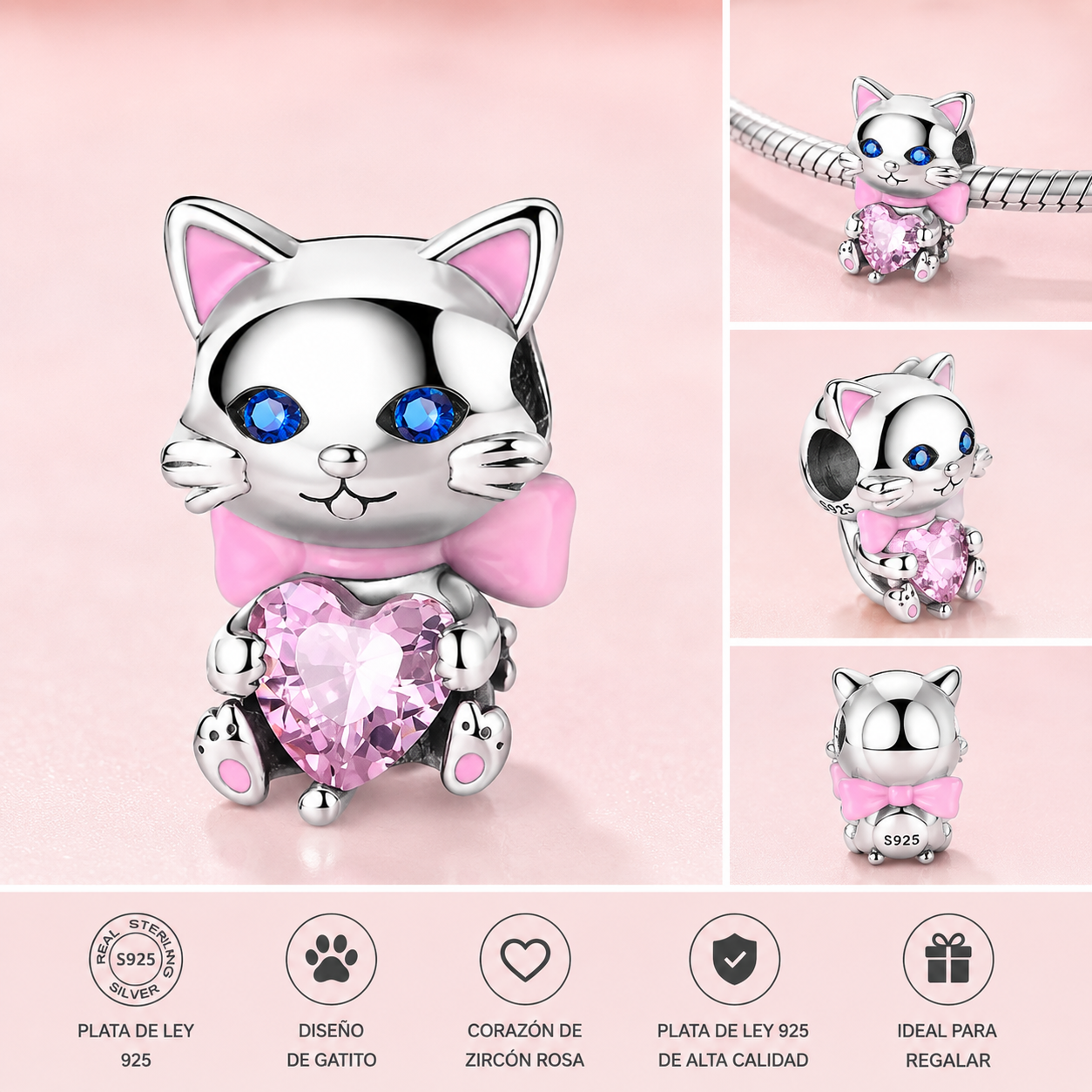 Charm de Plata de Ley 925 Gatito con Corazón Rosa
