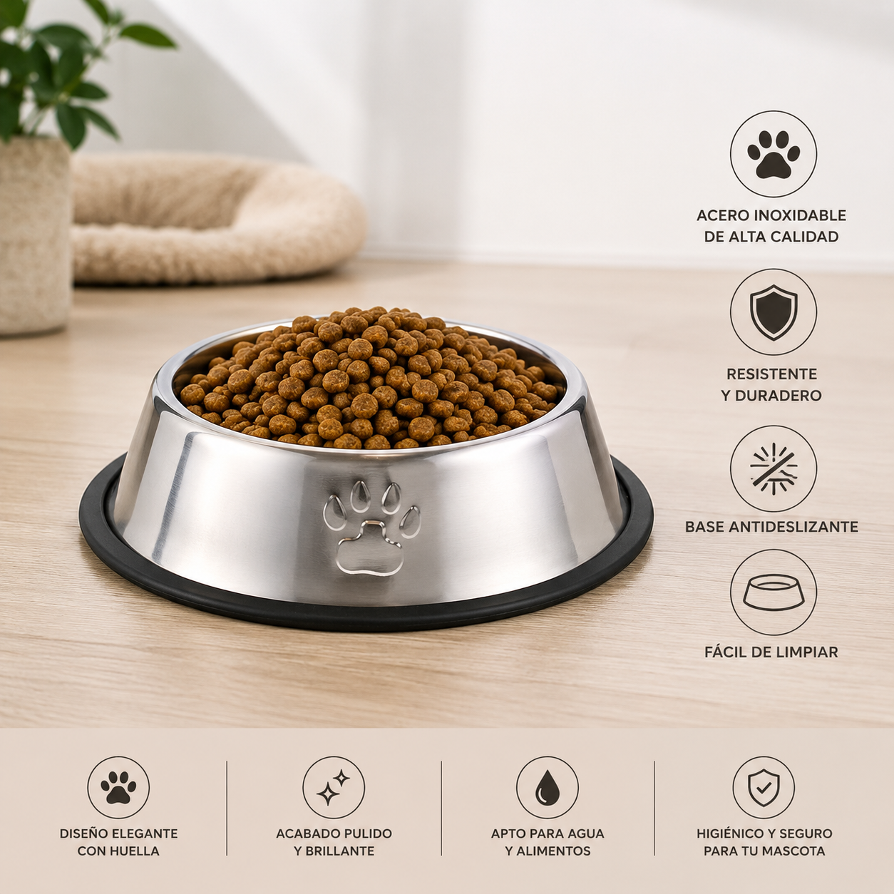 Comedero de Acero Inoxidable Antideslizante con Huella- Ø 15 cm