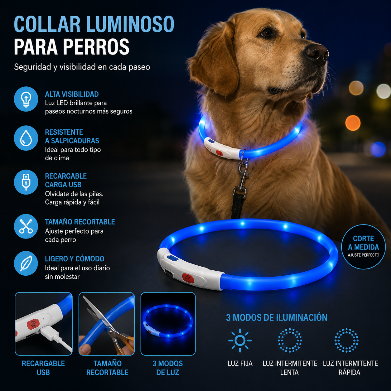 Collar Luminoso LED Recortable para Perros- Azul