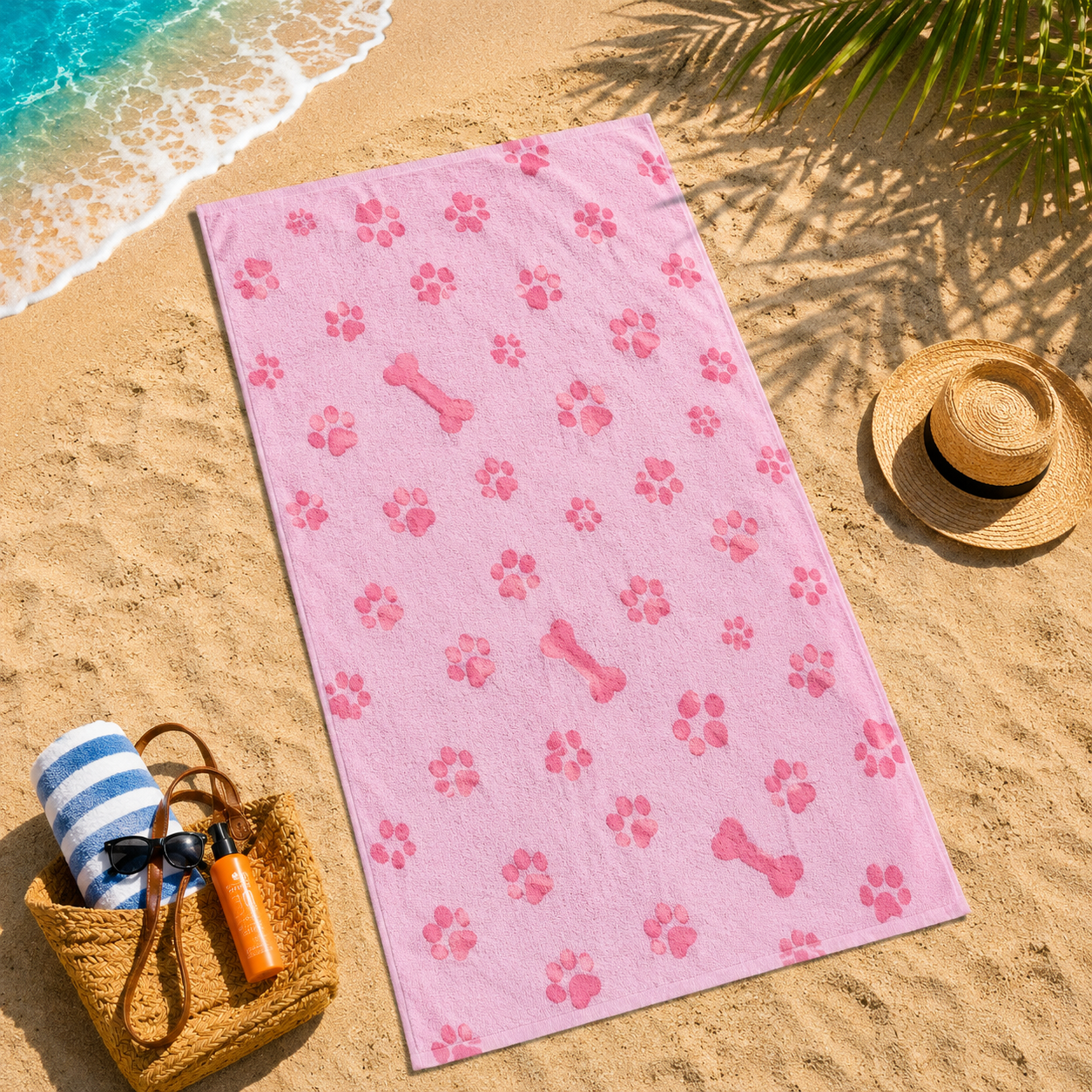 Toalla de playa de microfibra con huellas y huesos para perros 90 x 170 cm- Rosa