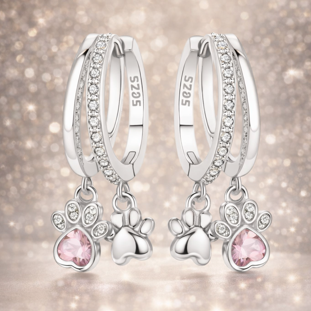 Pendientes huellas de gato con corazón rosa – Plata S925