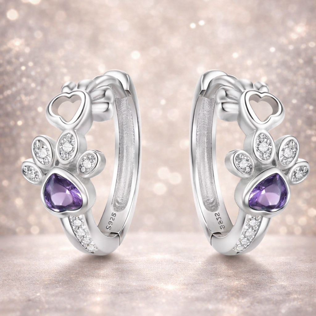 Pendientes huella de gato con piedra violeta – Plata S925