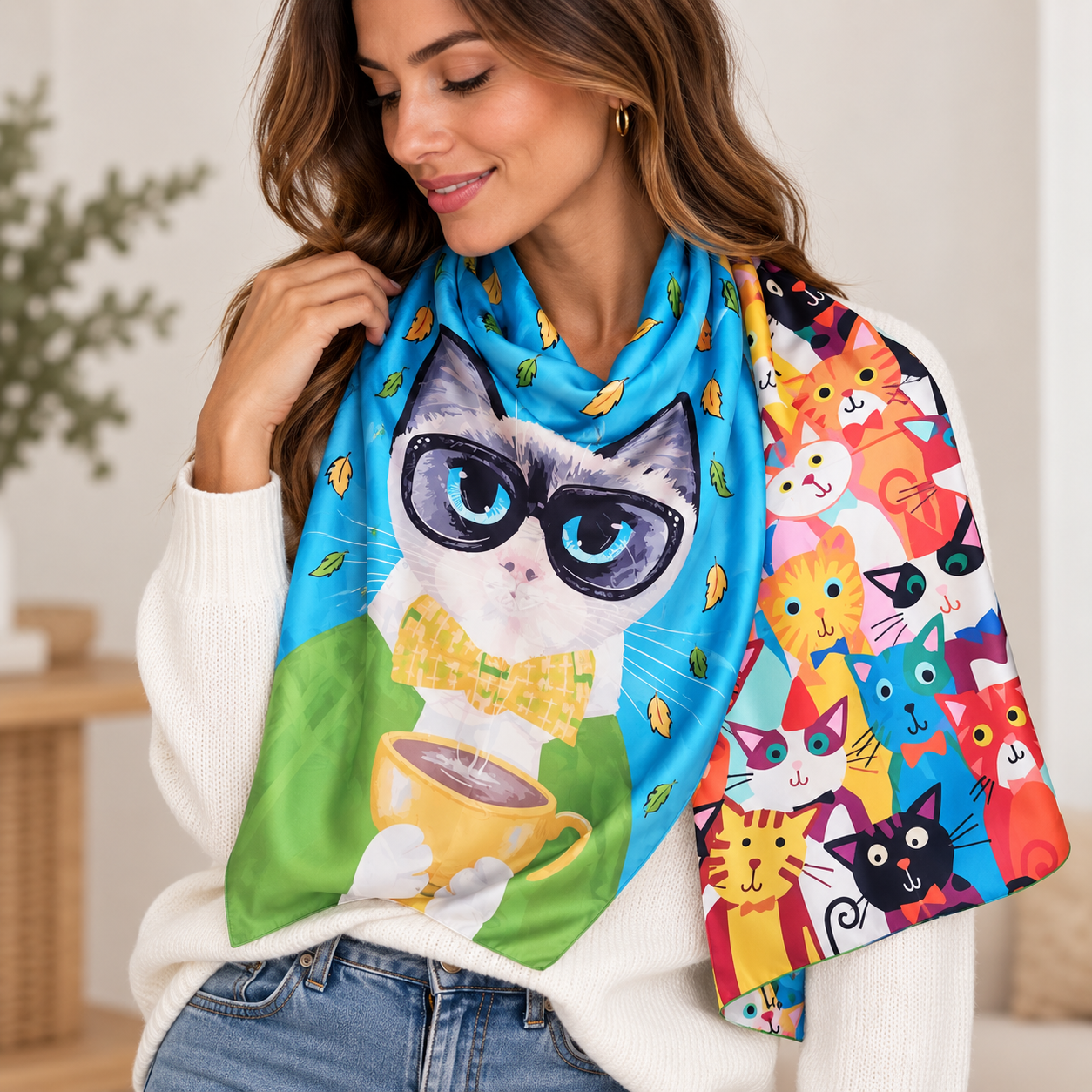 Foulard de Seda Estampado de Gatos Azul