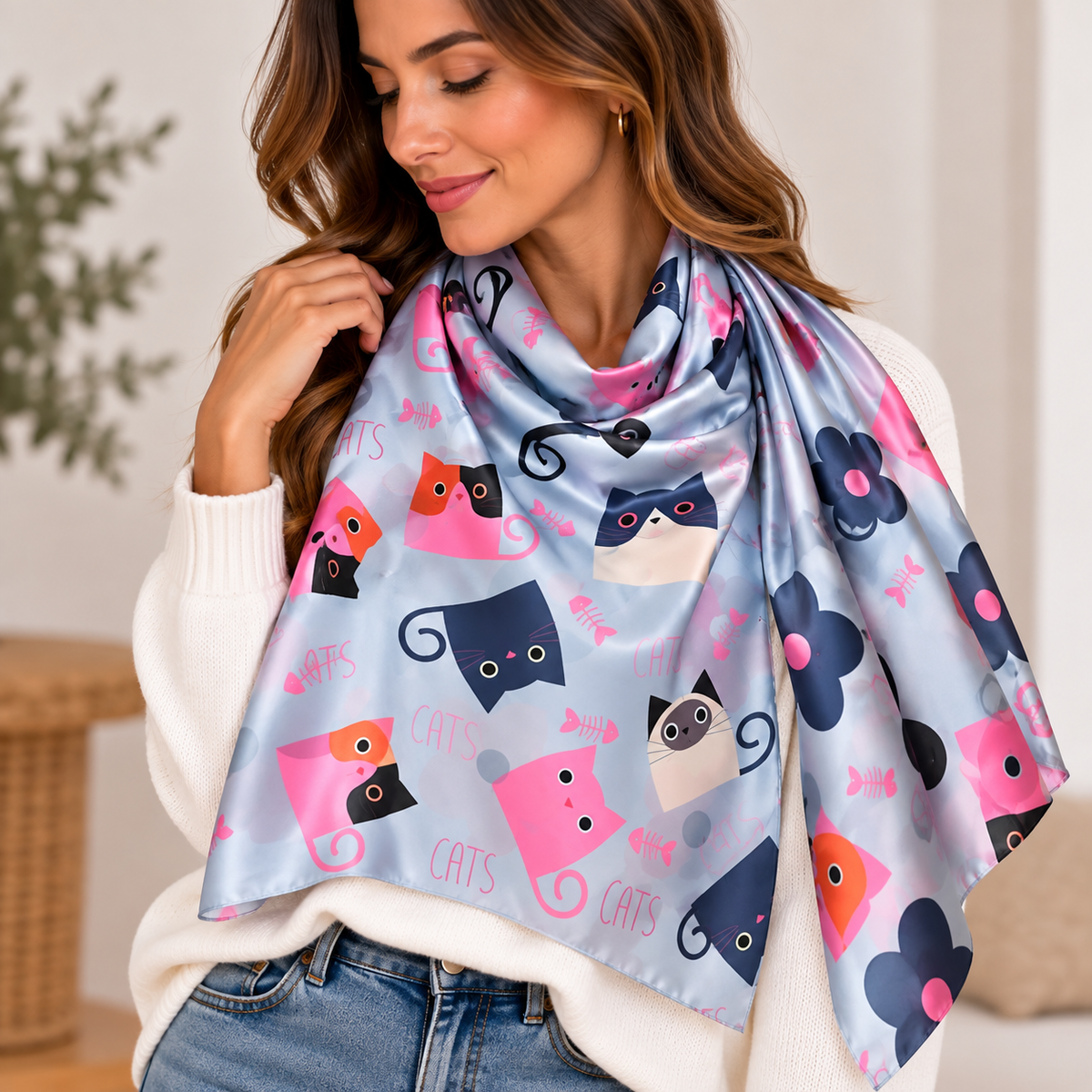 Foulard de Seda Gatos en Tonos Azul y Rosa