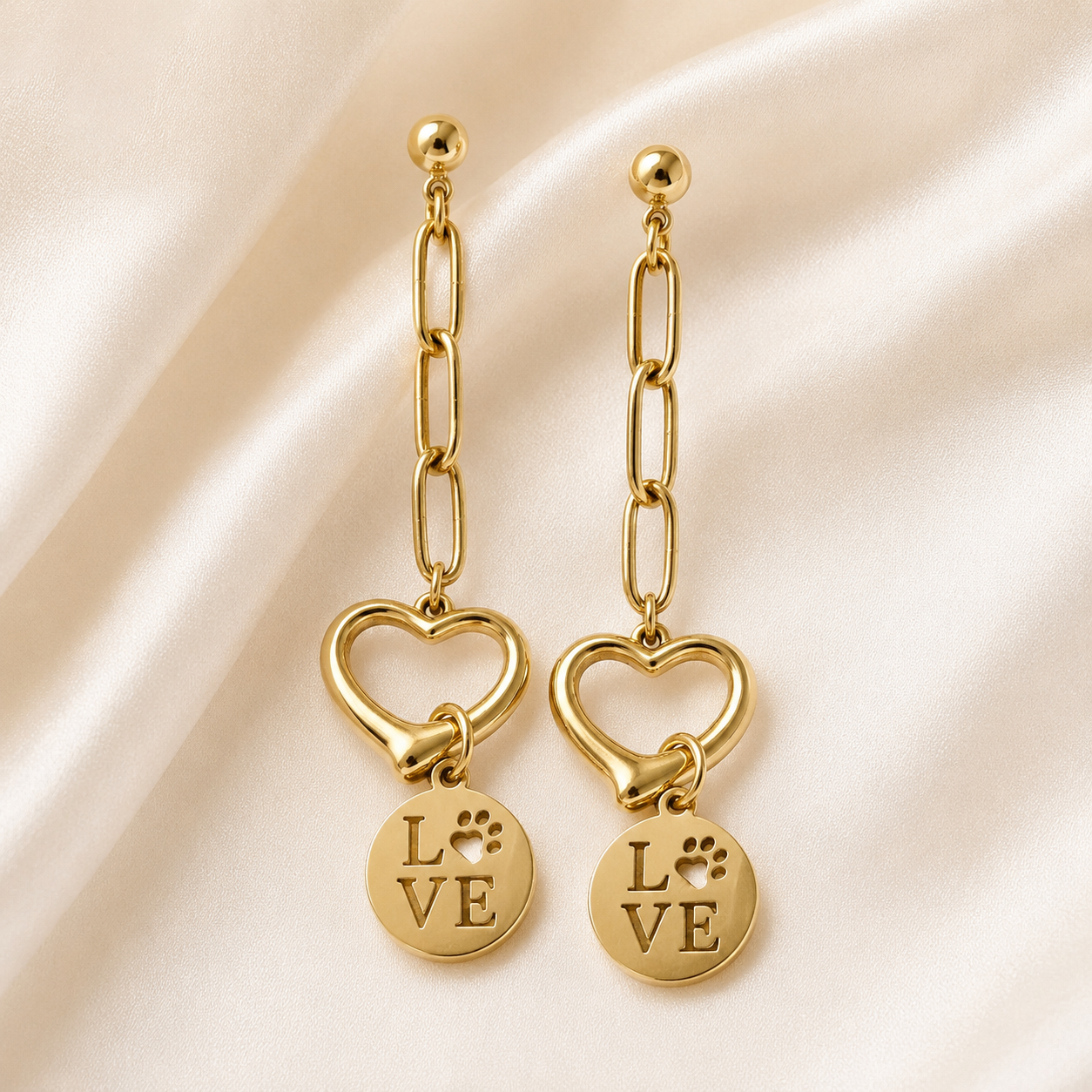 Pendientes de Acero Inoxidable Dorados Corazón LOVE con Huella
