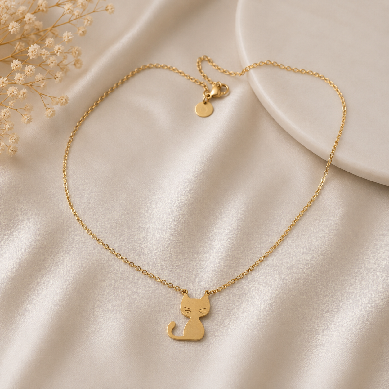 Collar de acero inoxidable con silueta de gato dorado