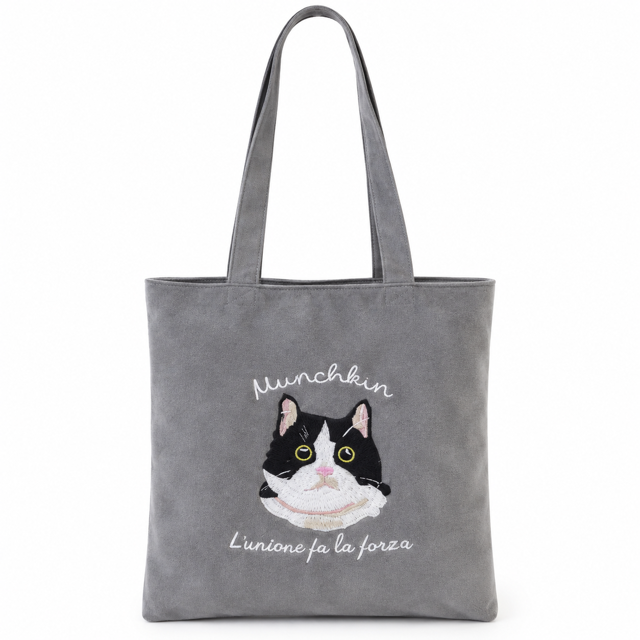 Bolso de Hombro con Bordado de Gato- Gris