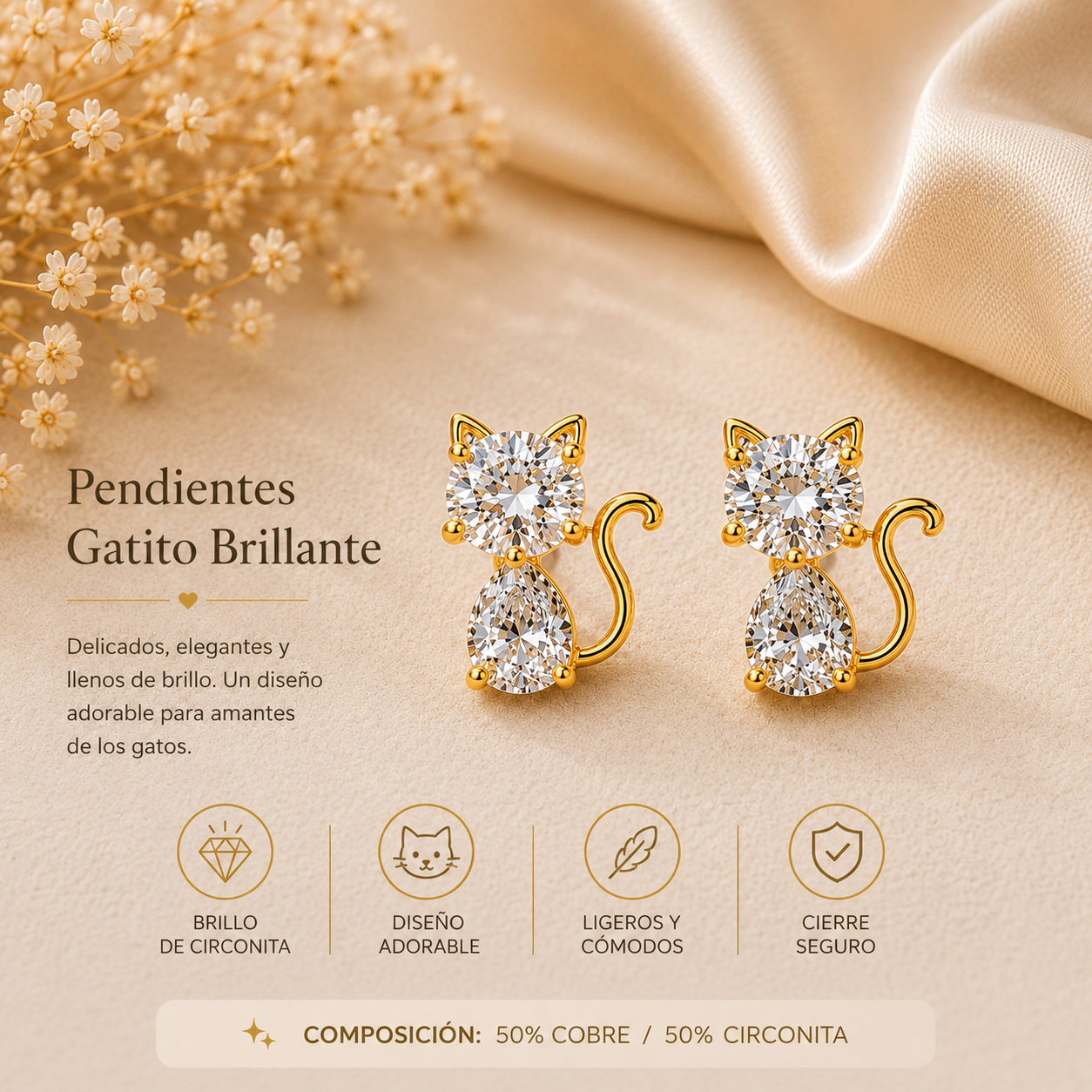 Pendientes Gatito Brillante con Circonitas