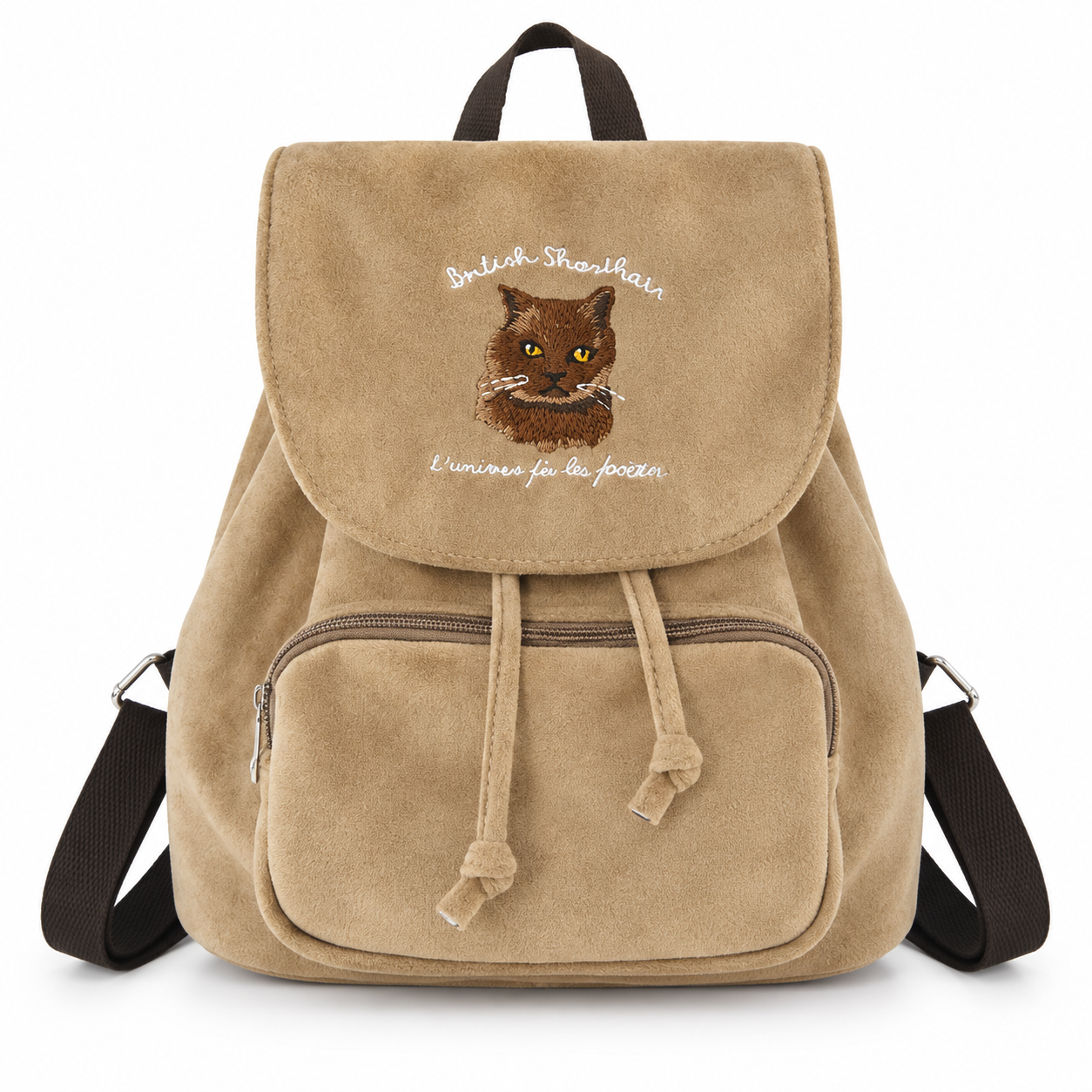 Mochila pequeña con bordado de gato- Beige
