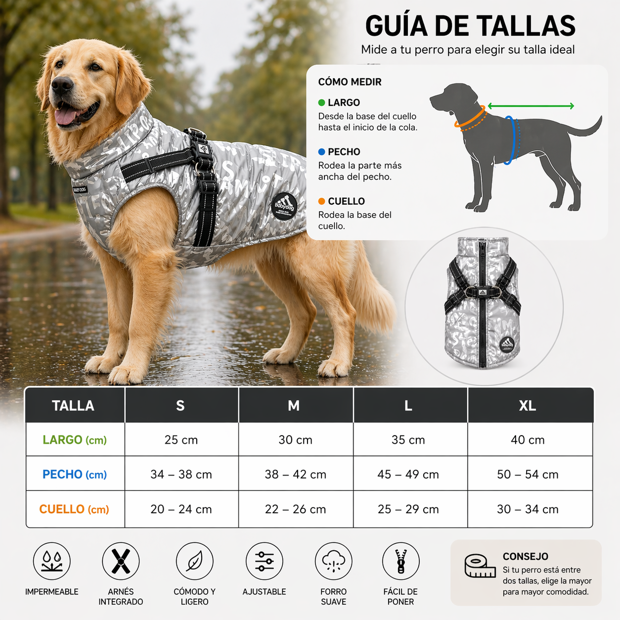 Chubasquero para perro impermeable con arnés integrado. Color plata