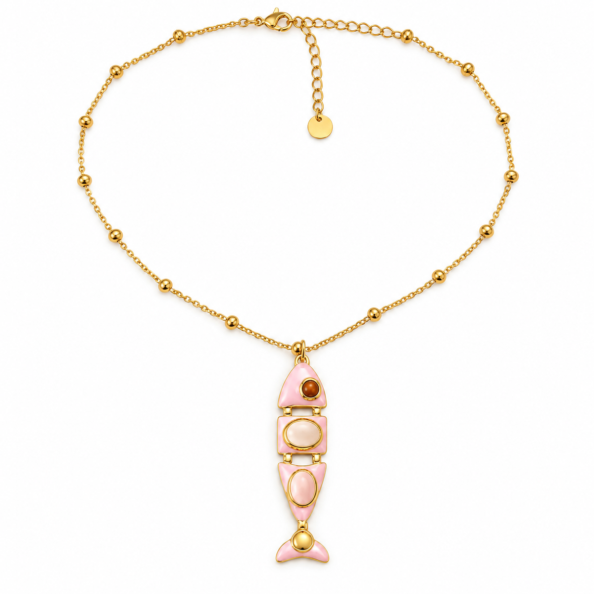 Collar de acero dorado con pez rosa