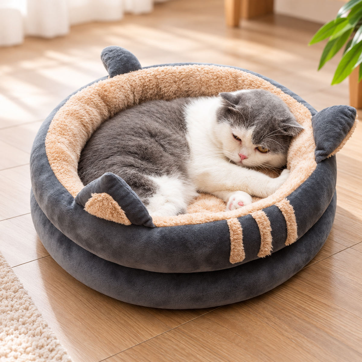 Cama acolchada para gato – Gris 47 × 47 × 13 cm