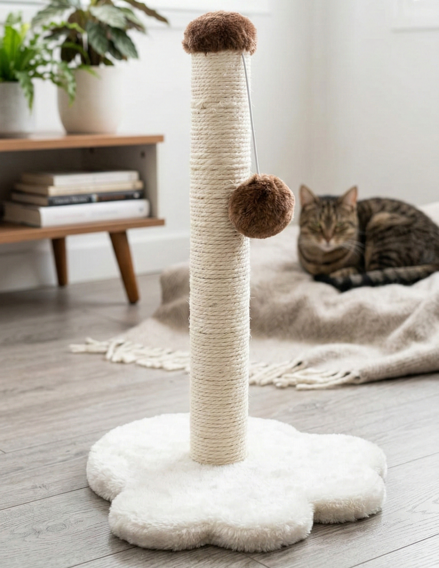 Rascador para gatos con juguete colgante