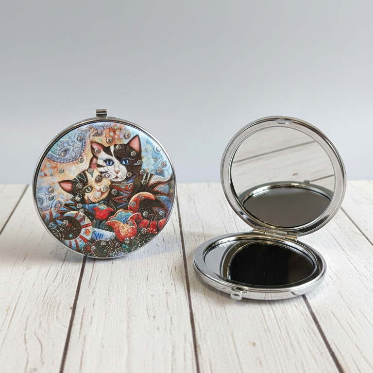 Espejo de bolsillo redondo “Gatos Art”
