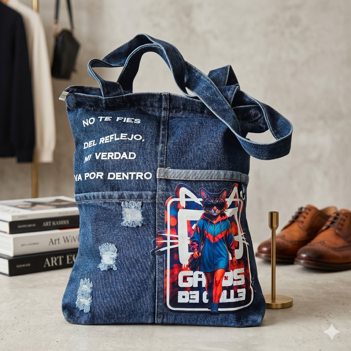 Tote bag denim “No te fíes del reflejo, mi verdad va por dentro”