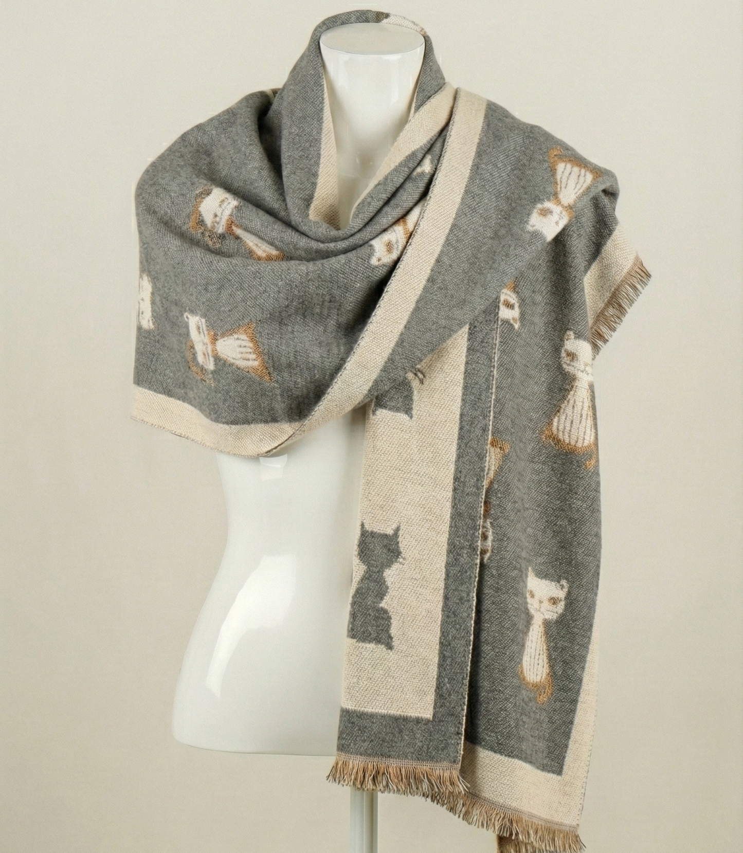 Bufanda Reversible Gatos – Color Beige Gris