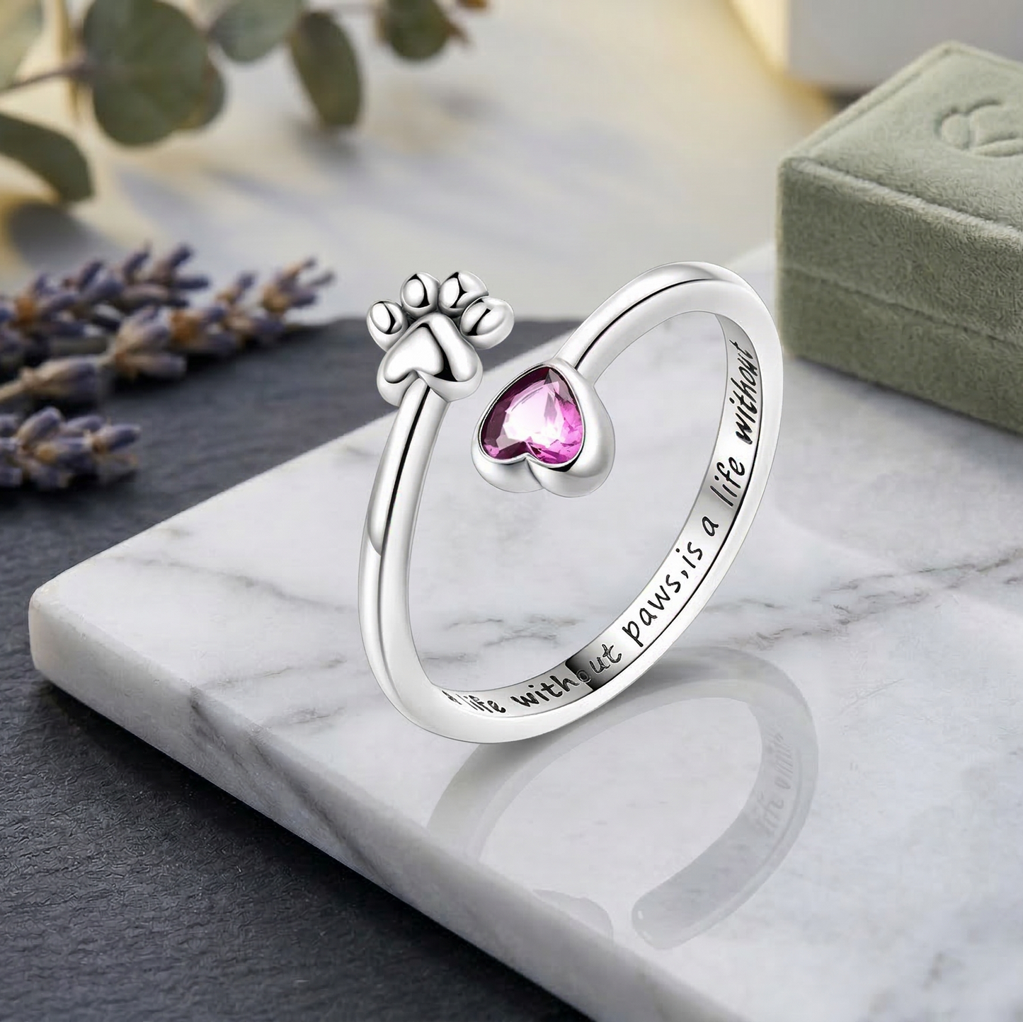Anillo de Plata de Ley ajustable con huella y corazón con circonita rosa