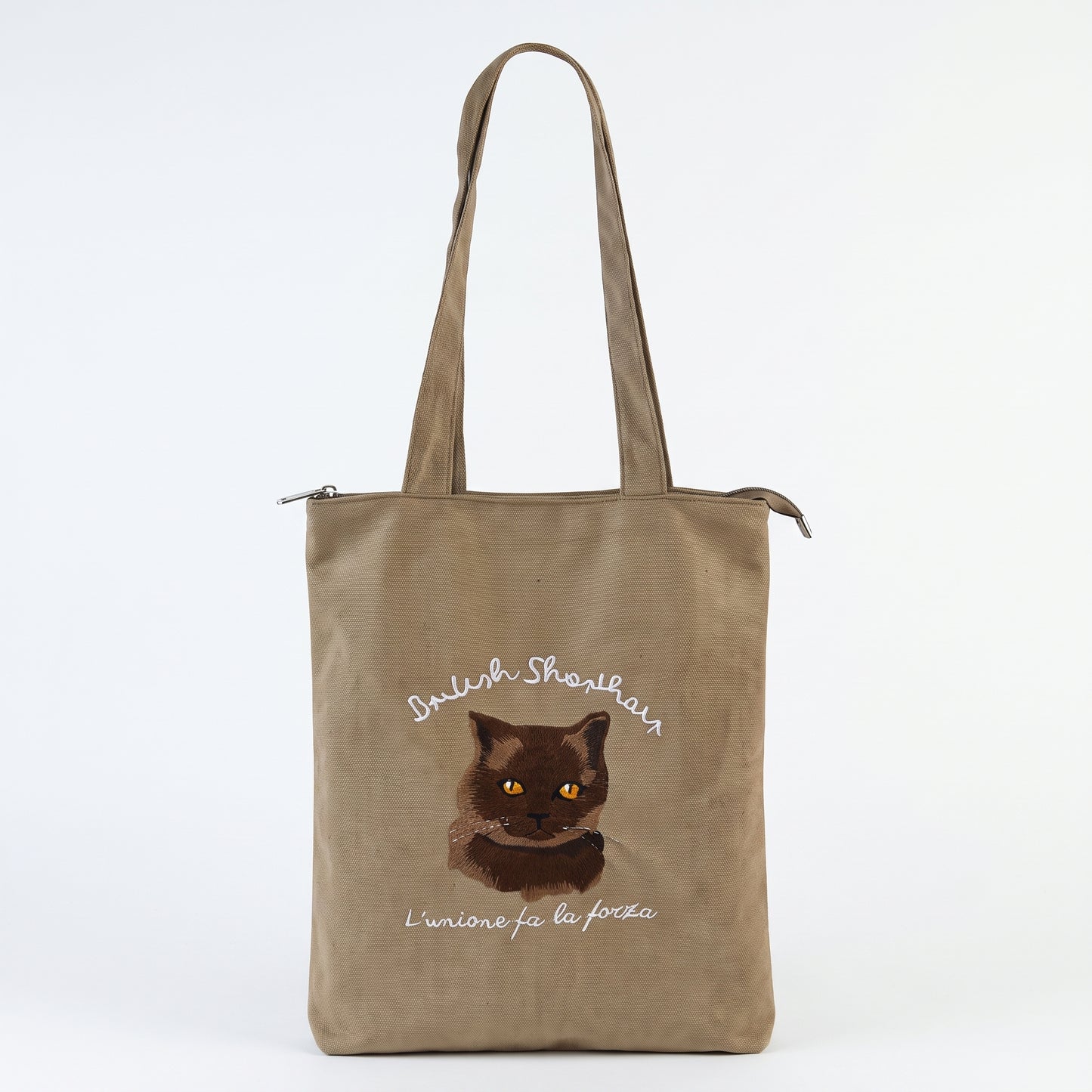 Bolso de Hombro con Bordado de Gato- Beig