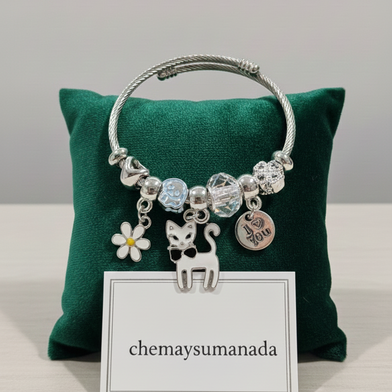 Pulsera Charms Gatito – Acero Inoxidable- plateada 2