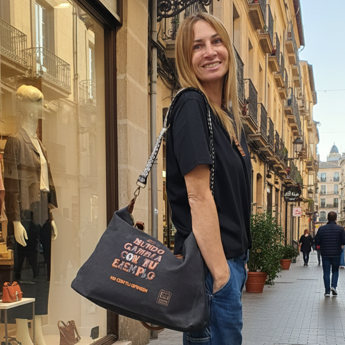 Bolso de tela negro “El mundo cambia con tu ejemplo, no con tu opinión”