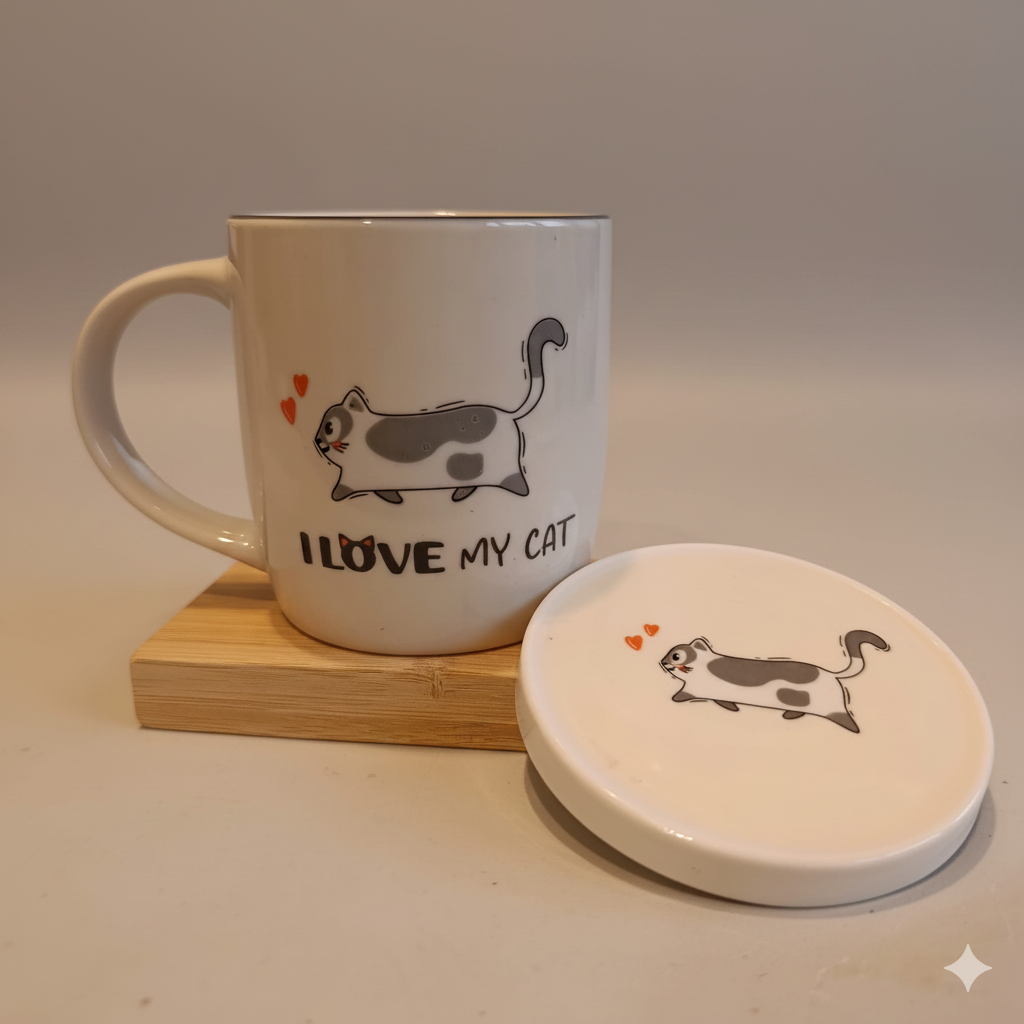 Taza “I Love My Cat” con Filtro y Tapa – Perfecta para Amantes del Té y los Michis